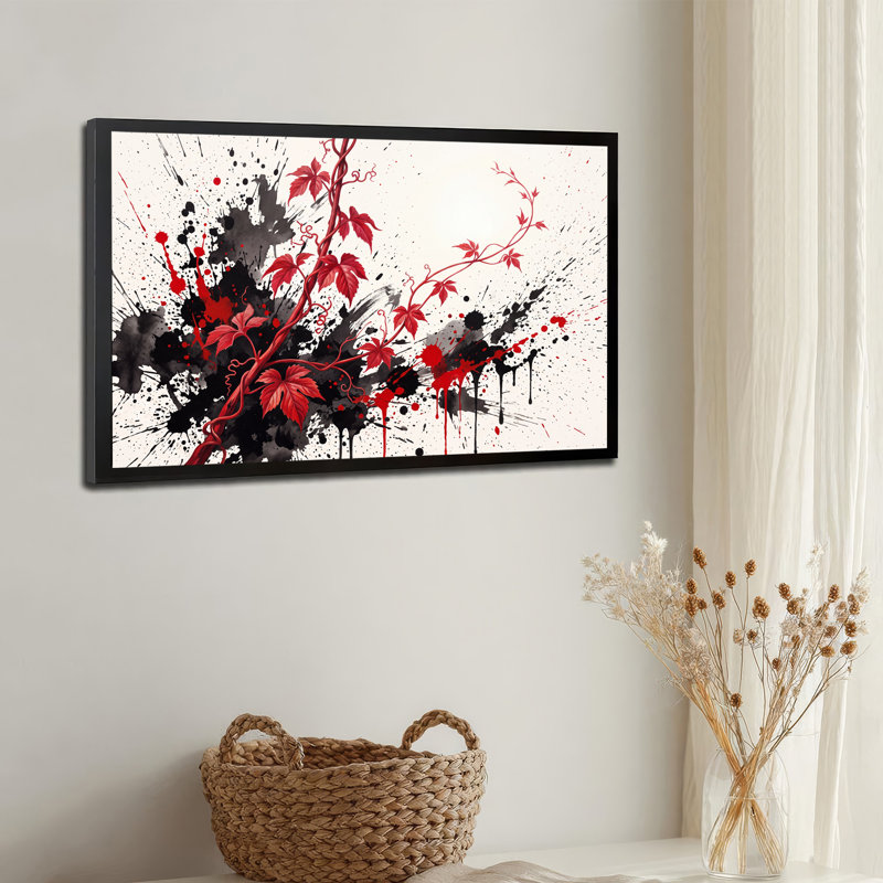 Tableau sur toile avec effet de coulures d'encre noire et rouge représentant des vignes rouges, 12"H x 18"W
