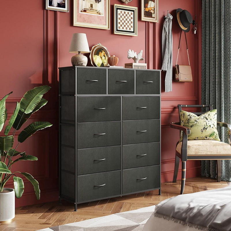Grande commode pour chambre à coucher, tour de rangement en tissu, commode et commode avec 11 tiroirs, armoire de rangement, couloir, placards, structure en acier, plateau en bois