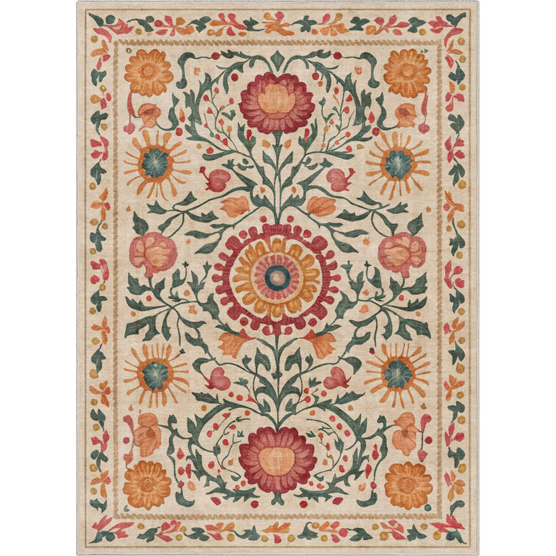 Suzani Beige Floral Chenille Rectangular Washable Rug 5'3" x 7'3"