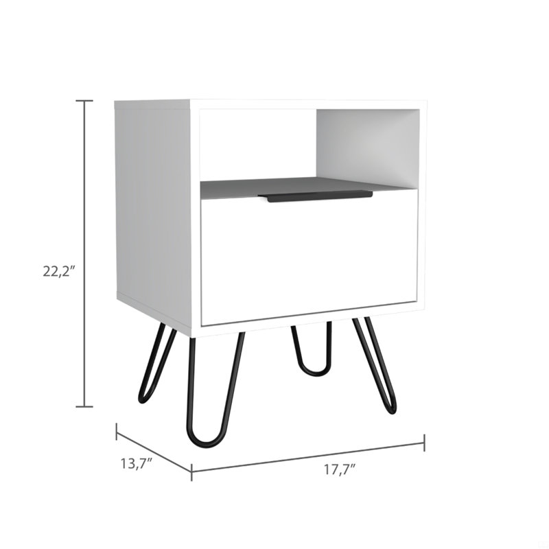 Nightstand, End Table, Side Table Single Door Cabinet, Hairpin Legs, White