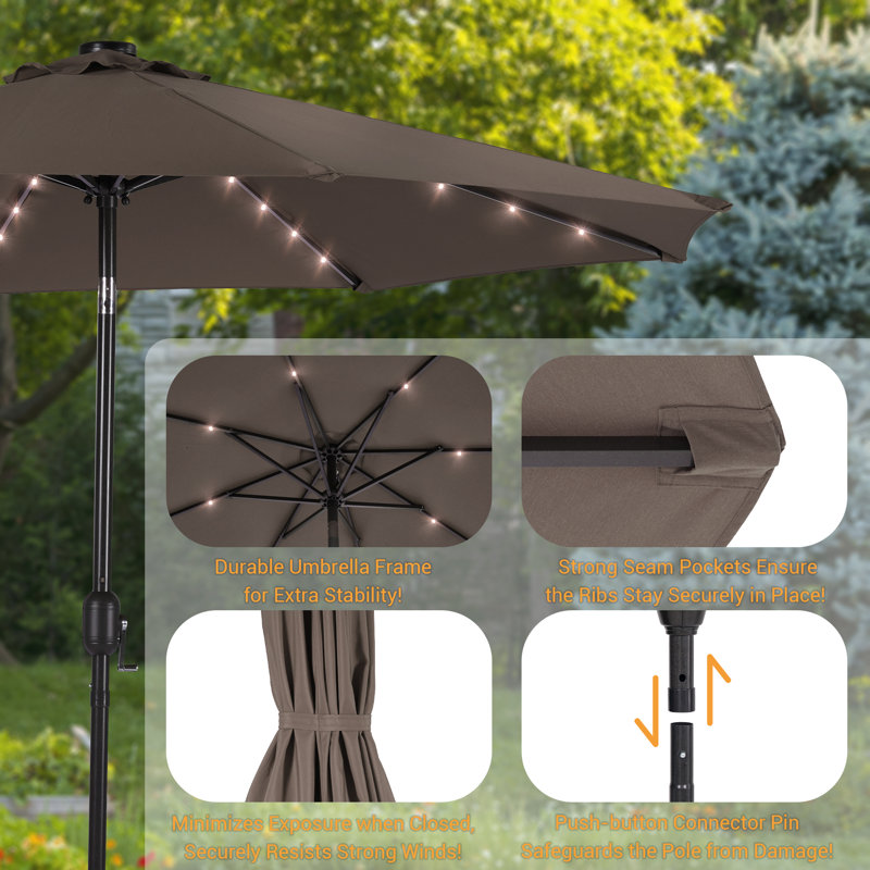 Parasol de marché extérieur pour terrasse de 9 pi à DEL avec parasols de table extérieurs, Taupe