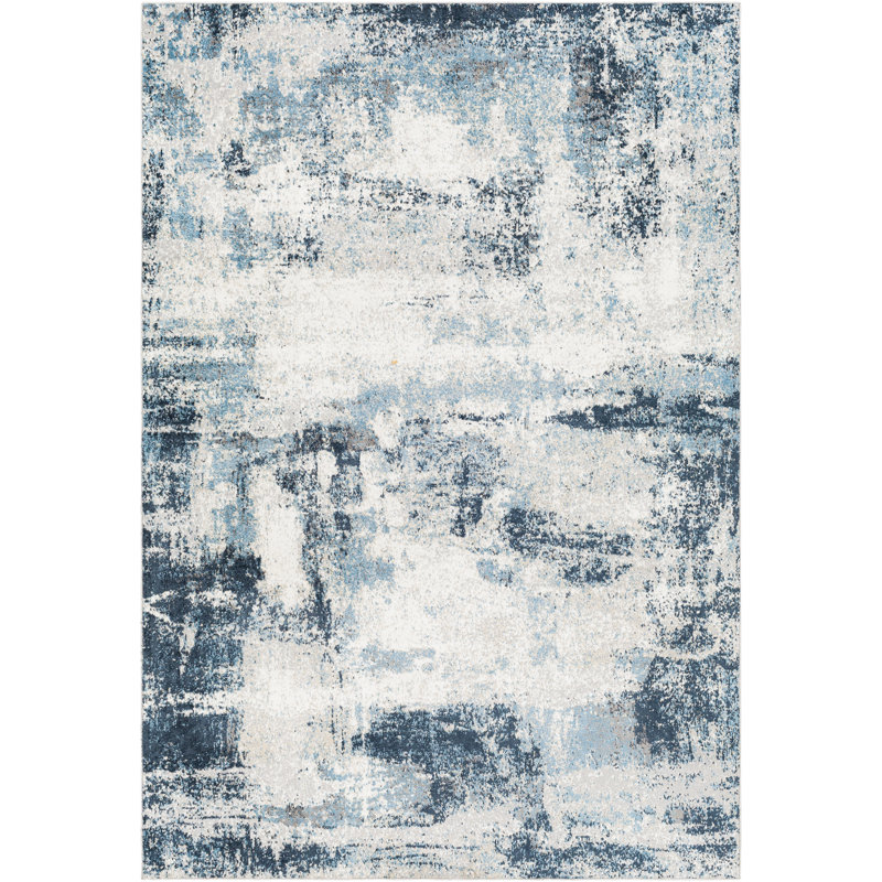 Stuckey Abstract Machine Woven Blue/White Area Rug, Rectangle 6'7" x 9'