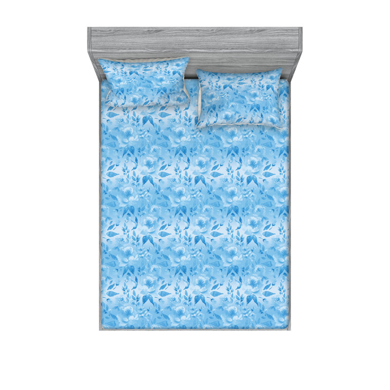 Ambesonne Fitted Sheet & Shams, California King Sheet Set with 2 Pillowcases, Sky Blue Flower