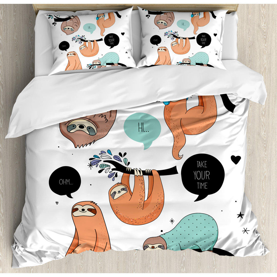 Animal Cartoon Illustration Tribe of Sloths Smiles Sleeping Lazy Does Yoga with Quote Duvet Cover Set Ambesonne 