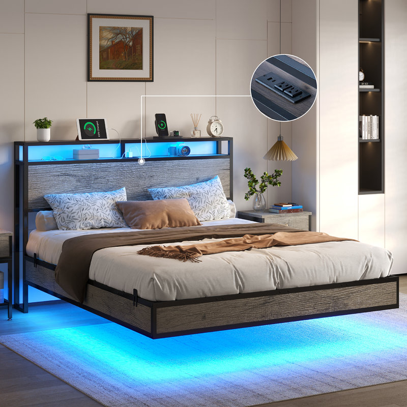 Khemis Floating Bed Frame with LED Lights and  Charging Station, Full, Rustic Brown