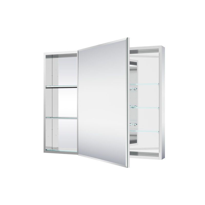 Armoire à pharmacie encastrée ou en saillie en aluminium (91,4 cm x 76,2 cm) avec miroir biseauté et tablette ouverte, de 91,4 cm de largeur x 76,2 cm de hauteur.