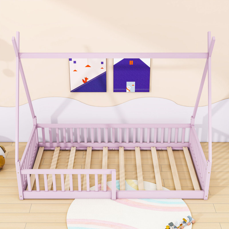 Twin Wood House Bed With Fence, Pink