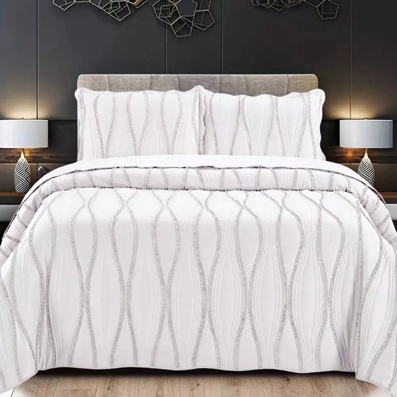 3 Piece Quilted Bedspread Bed Throw Embossed Bedding Set Single Double, Double Bedspread + 2 Standard Pillowcases, White