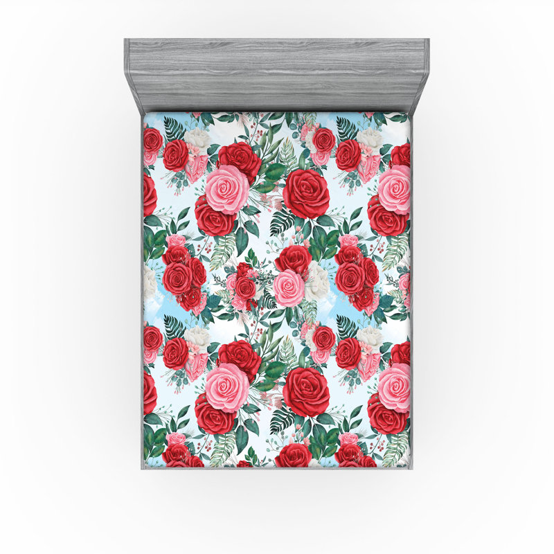 Drap-housse Ambesonne, Corail foncé, rose pastel / floral, Drap-housse de taille double