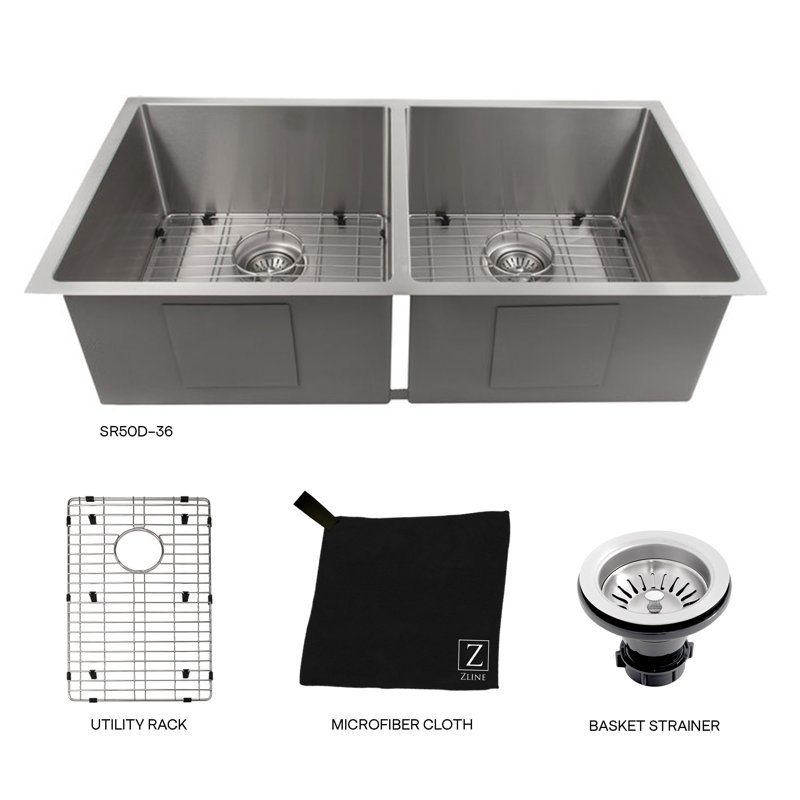 36" L x 19" W Double Basin Undermount Kitchen Sink with Basket Strainer