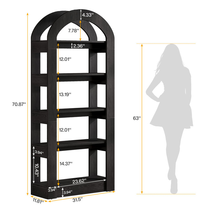 70.87" H 5-Tier Arched Bookcase, Black, 2
