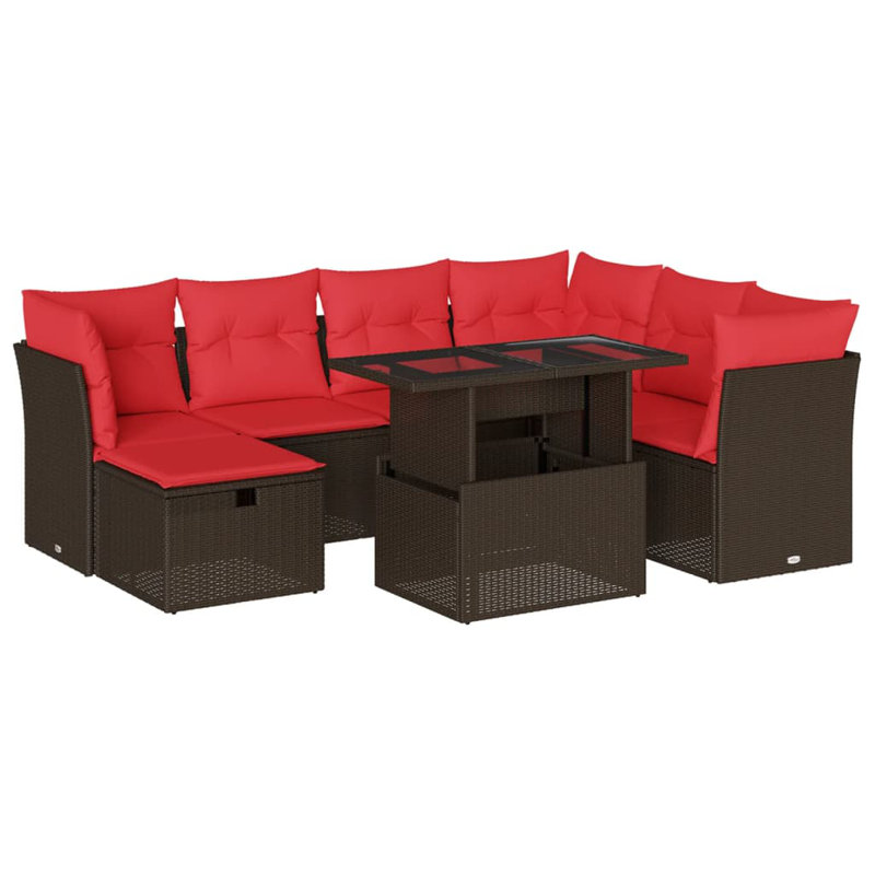  Ensemble de canapé de patio 8 pièces avec coussins en rotin de polyester, Rouge, Brun