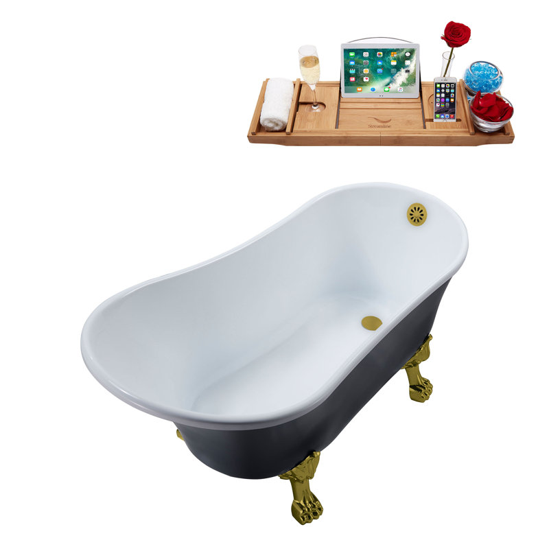 55" Streamline Clawfoot Soaking Acrylic Bathtub With Drain, Clawfeet, and Bamboo Tray, Brushed Gold, Matte Pink