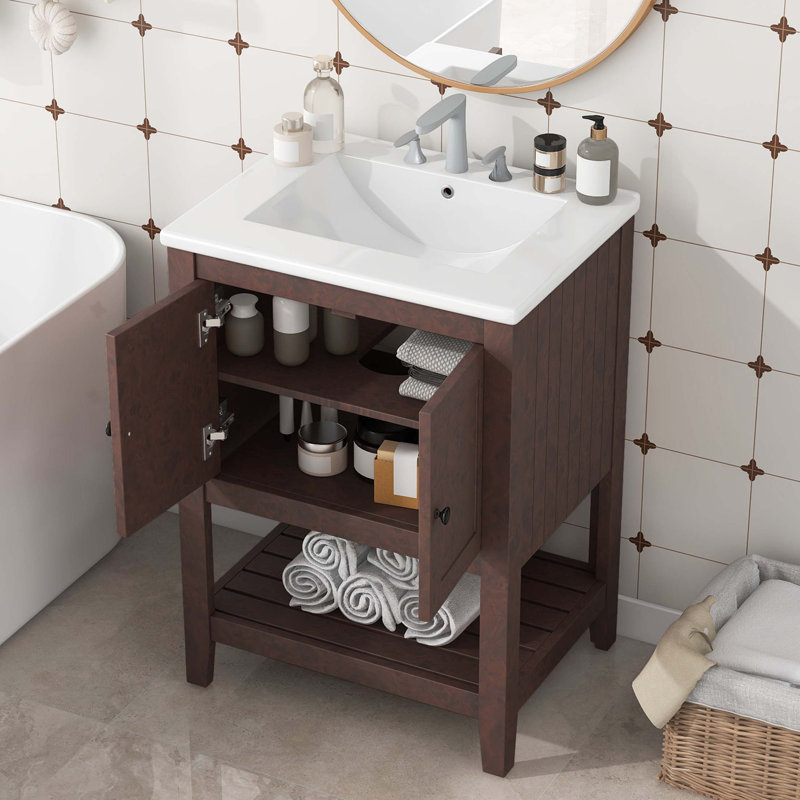 Lavabo de salle de bain moderne élégant en céramique 24 po avec tablette ouverte en bois massif, Brun