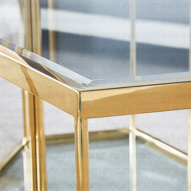 Table de bout en verre moderne avec structure en acier inoxydable à finition dorée, Doré
