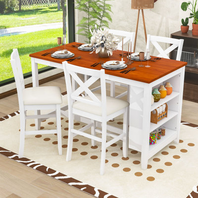 Ensemble de table de salle à manger à hauteur de comptoir 5 pièces avec tablette de rangement et chaises rembourrées Rustic