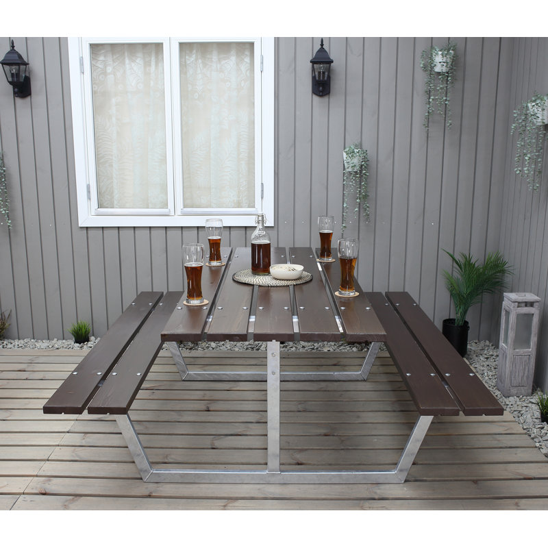 Beather Rectangular Solid Wood Metal Outdoor Dining Table 444.5 cm D, Dark Brown