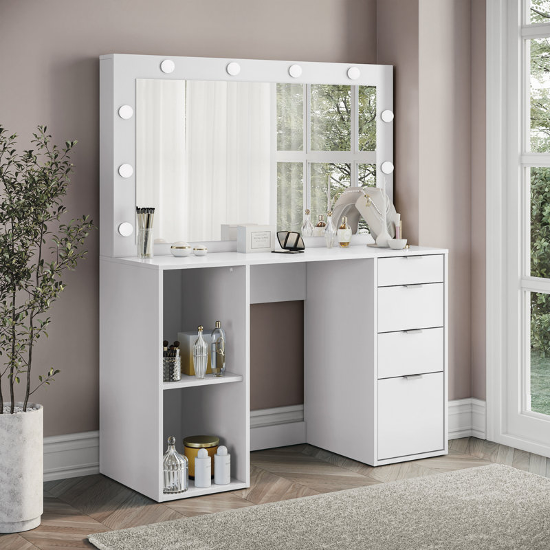 Takota 47.2" Wide Makeup Vanity Desk With Mirror, 4 Drawers and 2 Storage Niches