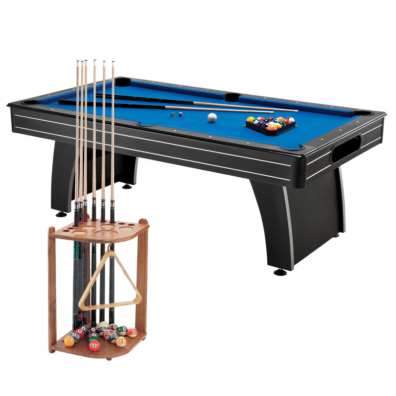 Modern Black and Blue 7' Pool Table with Oak Cue Rack