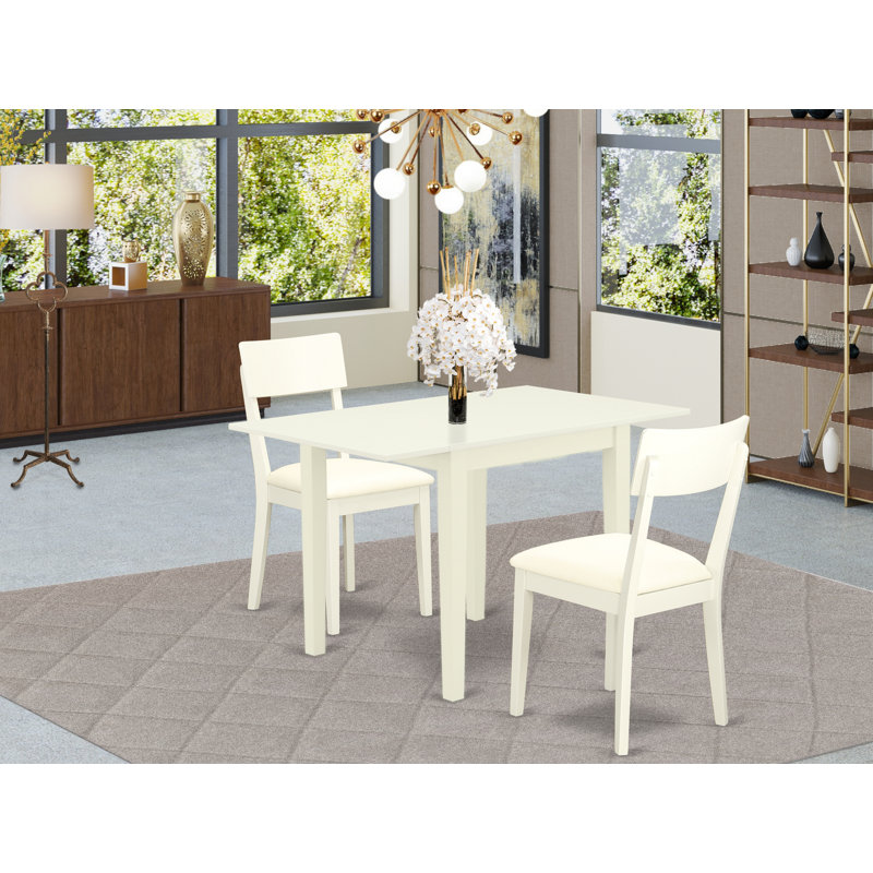 3 Piece Dining Room Furniture Set Contains a Rectangle Dining Table with Dropleaf and 2 Faux Leather Chairs, Linen White