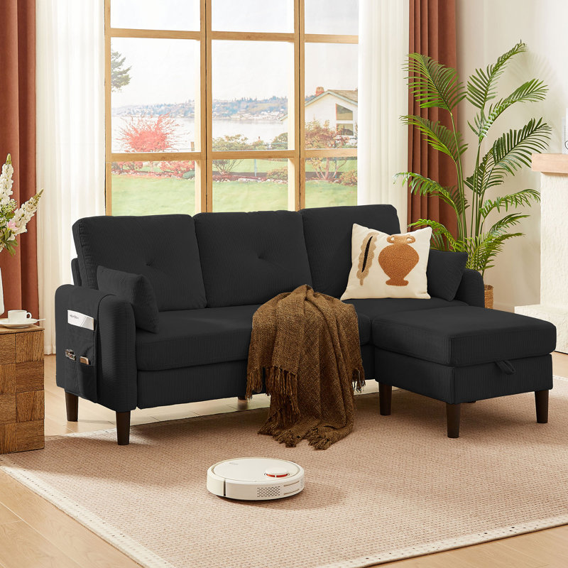 Elmaleh 3 - Piece Upholstered Sectional, Black Polyester Blend