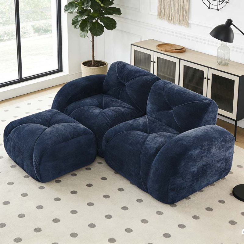 Velvet Fabric Sofa, Blue, 29.9" H x 80.3" W x 37.4" D