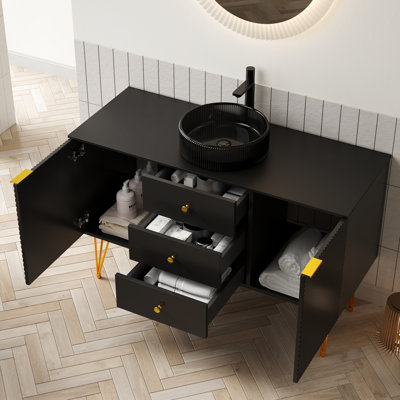 48" Freestanding Bathroom Vanity With 4 Gold - Finished Metal Legs, 3 Drawers, 2 Doors, Black Sintered Stone Countertop And Transparent Round Glass Sink Storage For Clear Cut Basin