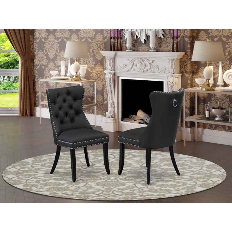 Dallas Parsons Dining Chairs - Button Tufted Nailhead Dark Gray Polyester Fabric Upholstered Chairs, Set of 2, Wirebrushed Black