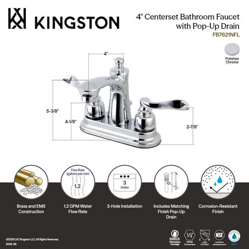 Kingston Brass NuWave French Two-Handle 3-Hole Deck Mount 4" Centerset Bathroom Faucet with Plastic Pop-Up, Polished Chrome