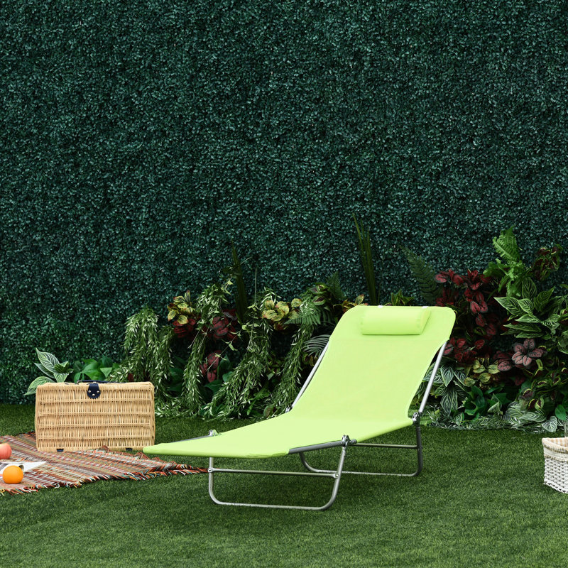 Outdoor Sun Chair - Folding Lounge With Pillow, Adjustable , Steel Frame & Breathable Cloth, For Patio, Yard, Beach, Pool Patio Lounger Reclining Back, Fabric, Beach