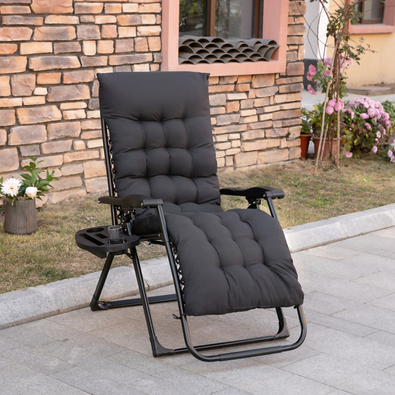 Folding Reclining Chair With Padded Cushion And Side Tray, For Indoor Outdoor Relaxation, Black Wood Patio Chairs, Natural , Suitable Spaces, Add Elegance To Your