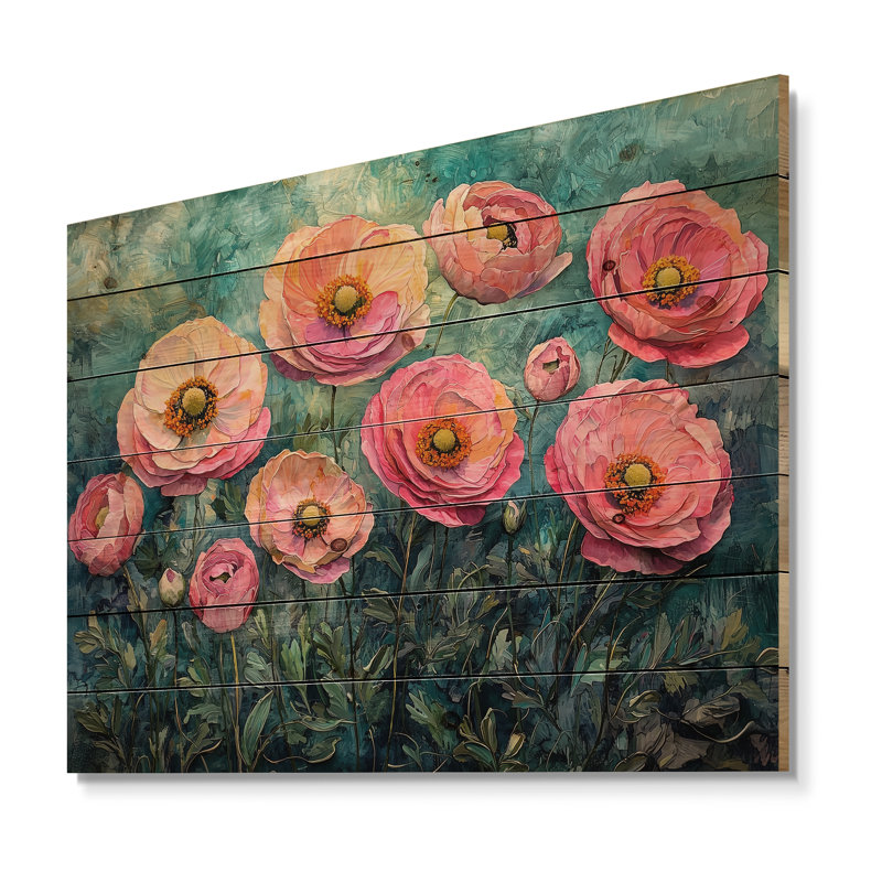 Summer Symphony Of Ranunculus Field I - Ranunculus Wood Wall Decor - On Natural Pine Wood, 24" H x 32" W x 0.78" D