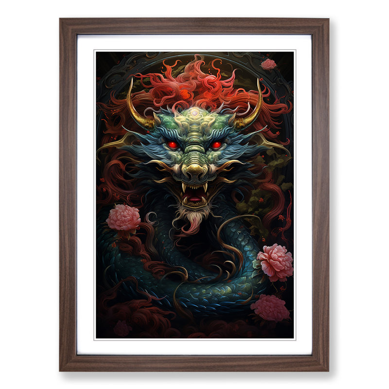 Chinese Dragon Baroque - Single Picture Frame Print on Wood, Walnut Framed, 64cm H x 46cm W x 2cm D