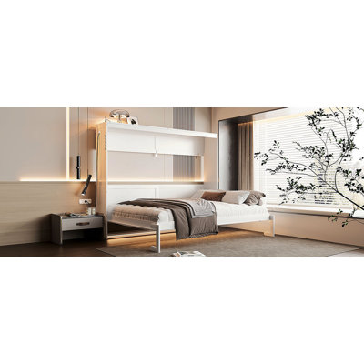 Queen-Size Modern Side-Folding Murphy Bed With Trendy Printed Pattern, LED Under-Bed Lighting & Built-In USB Outlet – Space-Saving Design-White