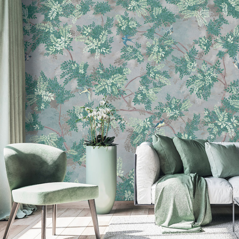 Verdant Canopy With Songbirds Botanical Wallpaper Mural, 110.04" L x 204" W, Green