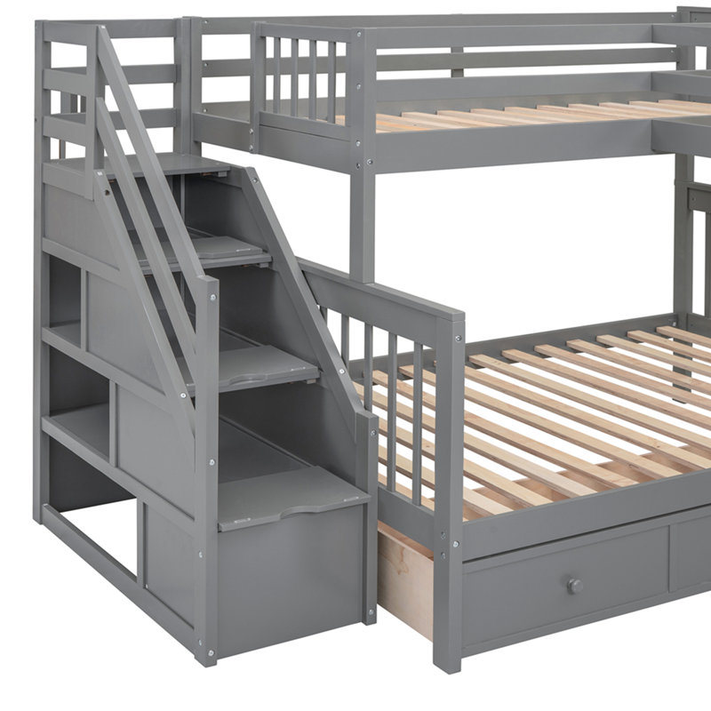 Lit superposé simple en L avec 3 tiroirs, bureau portable et garde-robe, Gris