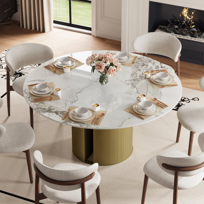 59'' Modern Dining Table For 6, Round White Glossy Sintered Stone Dining Table Kitchen Table With Bronze Base, Pre-Assembly