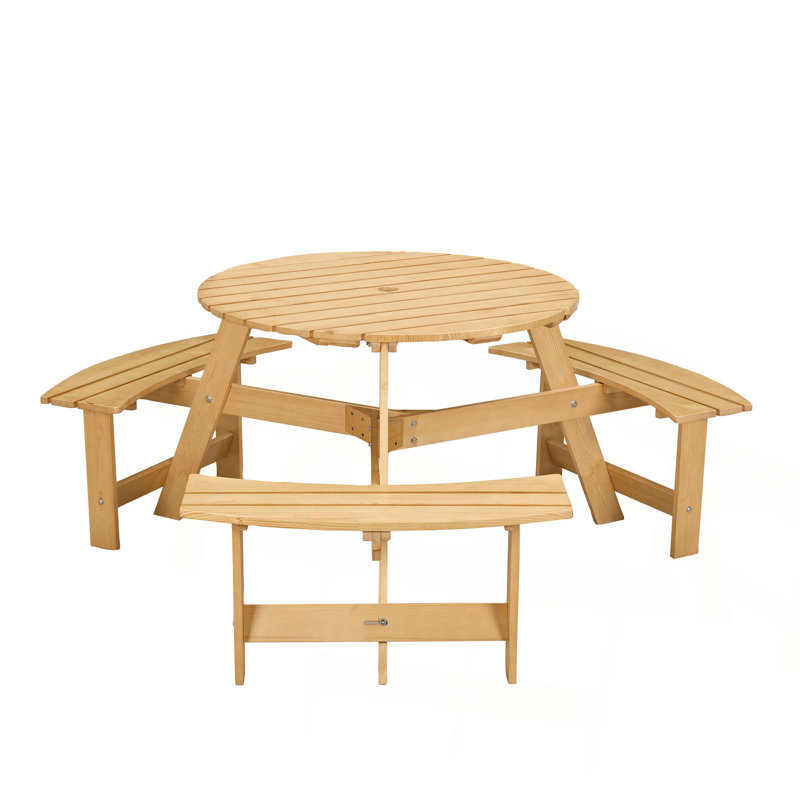 Outdoor 6 Person Picnic Table, 6 person Round Picnic Table with 3 Built-in Benches, Umbrella Hole, Outside Table and Bench Set for Garden, Backyard, Porch, Patio