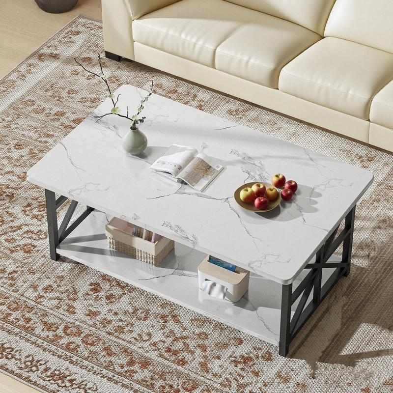 Table basse moderne de style industriel avec cadre, table de salon à 2 niveaux avec tablette de rangement, table centrale rectangulaire pour le salon, style moderne, salon, bureau, balcon