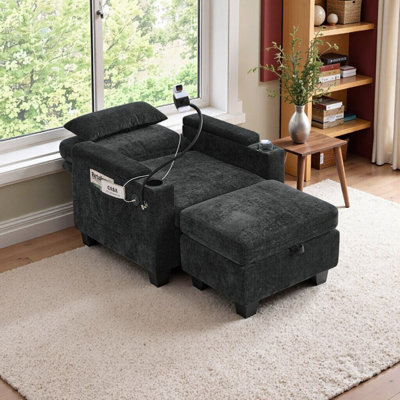 Manual Recline Sofa Chair With Storage Ottoman, USB Charging Port, Cup Holders & Hidden Storage