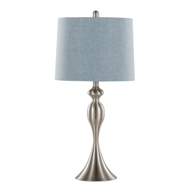 Lampe de table contemporaine en métal brossé 27 "en nickel brossé avec abat-jour en lin bleu clair, ensemble de 2