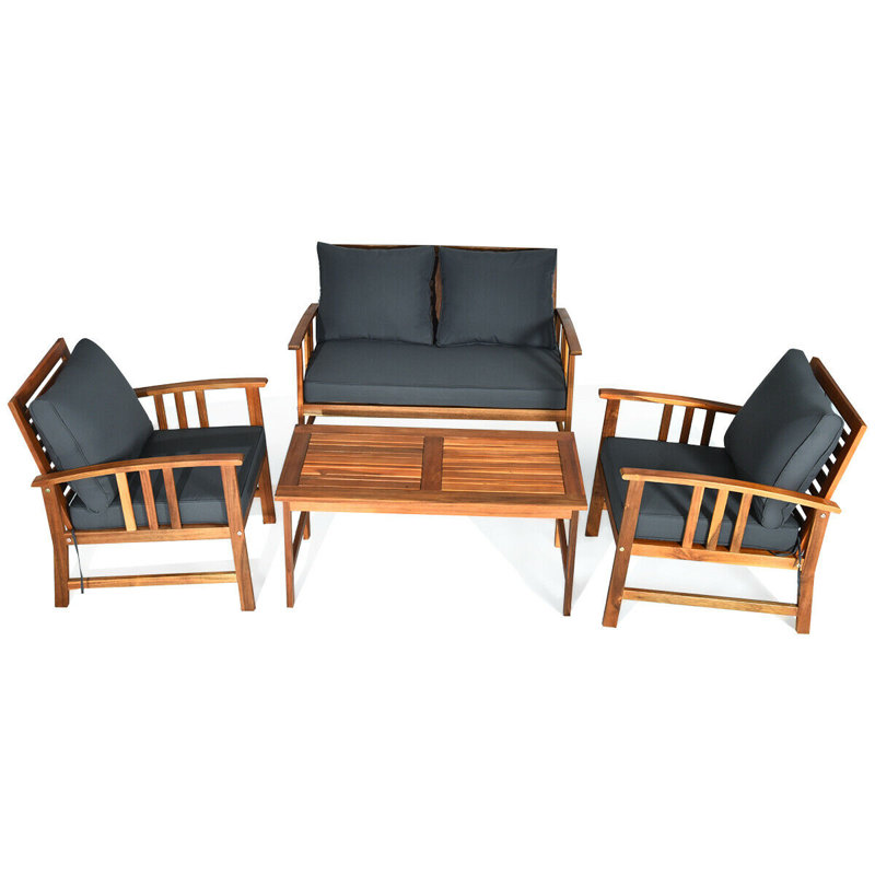 Ensemble de conversation en bois 4 pièces avec canapé et coussins