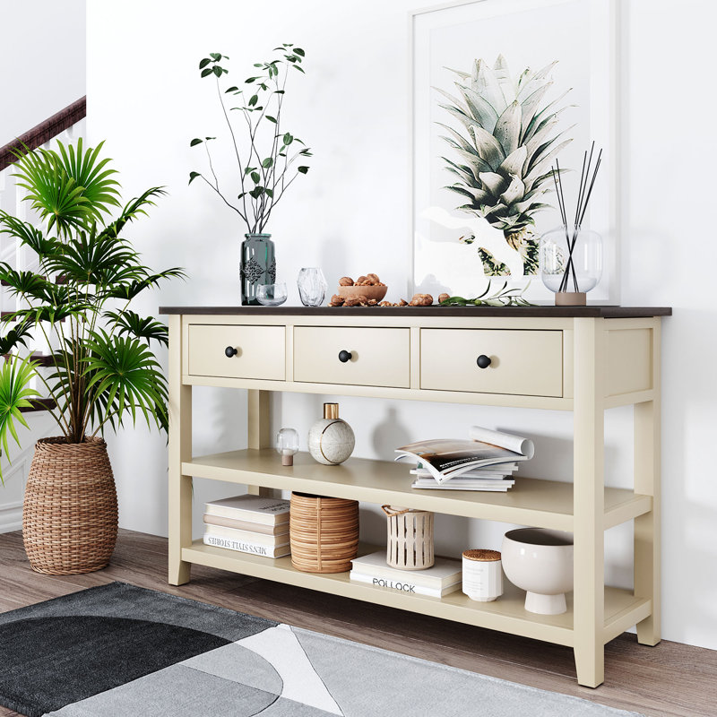 Cevat Rustic Console Table With 2 Open Shelves And 3 Drawers - Storage Entryway Table For Farmhouse Or Cottage Decor, Beige