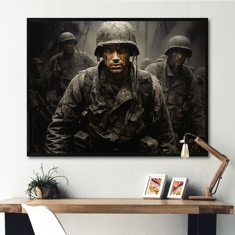 Militaires, engrenages de conflit, Cadre flottant noir, H 30 po x l 40 po x P 1,5 po