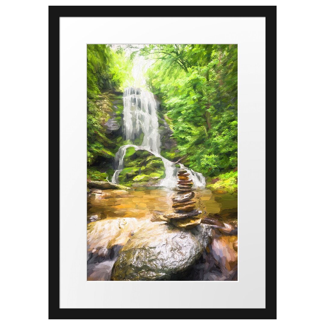 Gerahmtes Poster Zen Steine vor Wasserfall