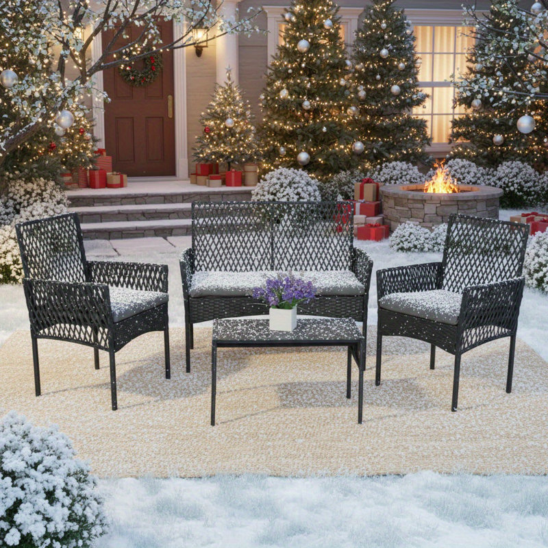4 Piece Patio Furniture Set, Outdoor Chairs Conversation Sets With Cushions And Coffee Table For Porch Garden Poolside Backyard