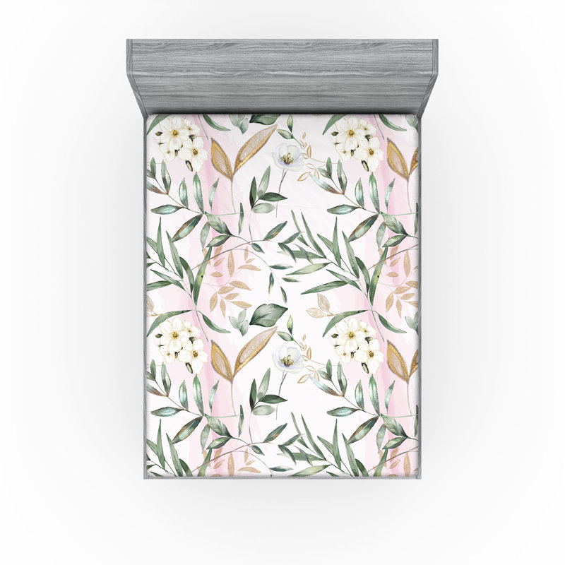 Drap-housse rustique Ambesonne, Soft Pink/Peacock Green Floral, Full Fitted Sheet