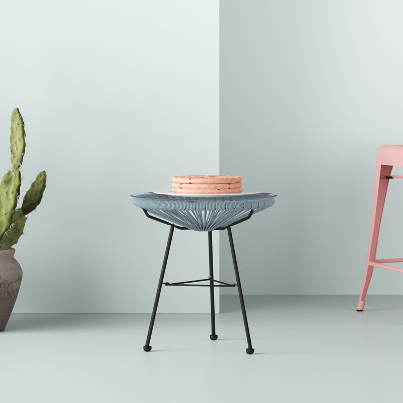 Alamo Wicker Round Side Table with Glass Top & Metal Legs, Gray