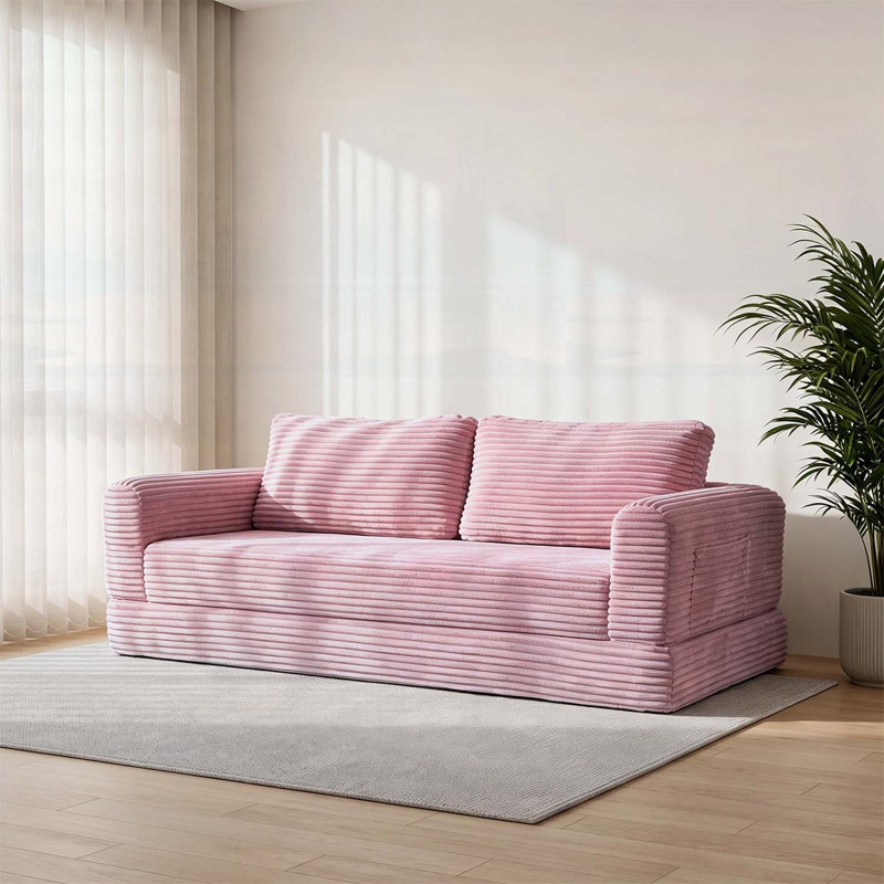 Canapé-lit futon convertible de 76 pouces avec siège profond, canapé-lit pliable en velours côtelé nuage pour le salon, rose