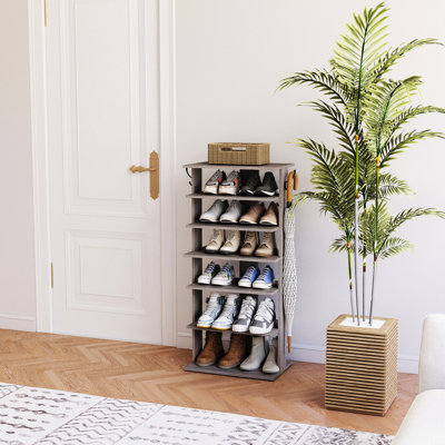 Range-chaussures à 7 niveaux, gris rustique, 12 à 14 paires de chaussures, crochets pour clés suspendues, organisateur à installation rapide, capacité, parasols, économie d'espace, assemblage